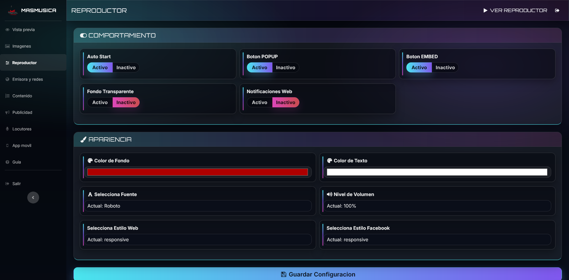 Configuracion del reproductor